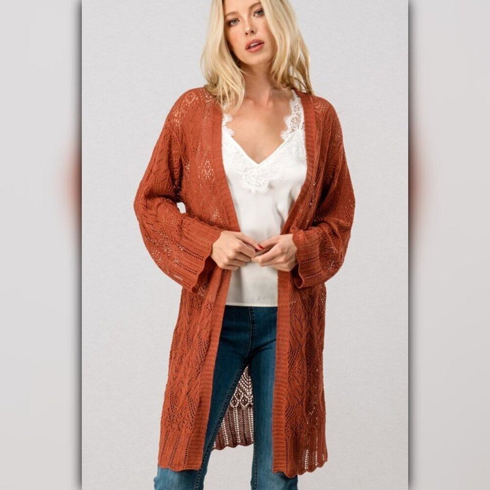 A076 • Rust Crochet Lace Bell Sleeve Cardigan